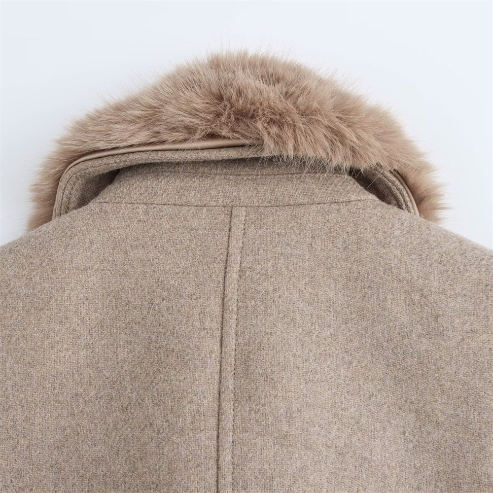 Eleganter Wollmantel mit Kunstfellkragen – Langer Damenmantel mit Gürtel