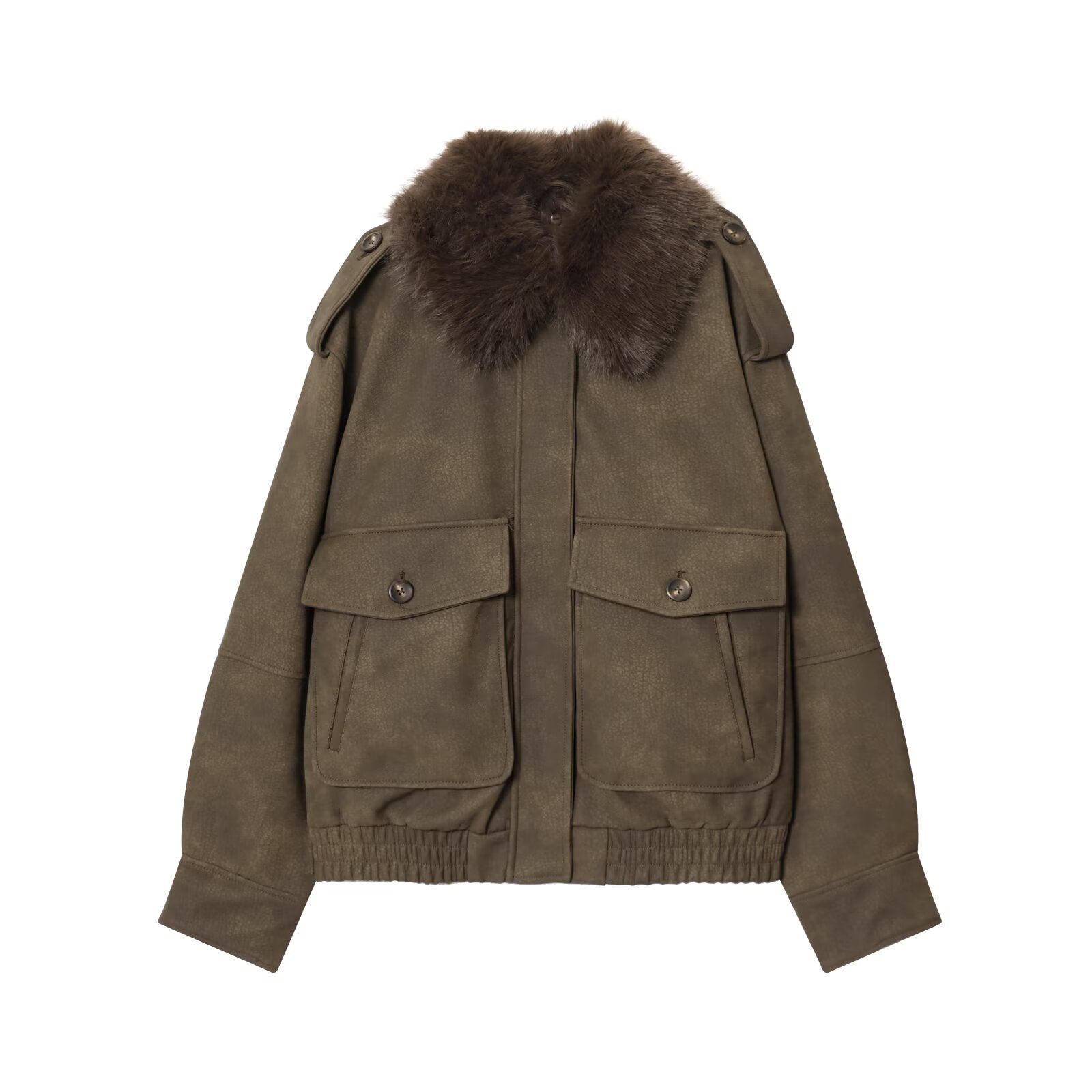 Wildleder-Jacke mit Fellkragen – Elegante Damenjacke in Khaki