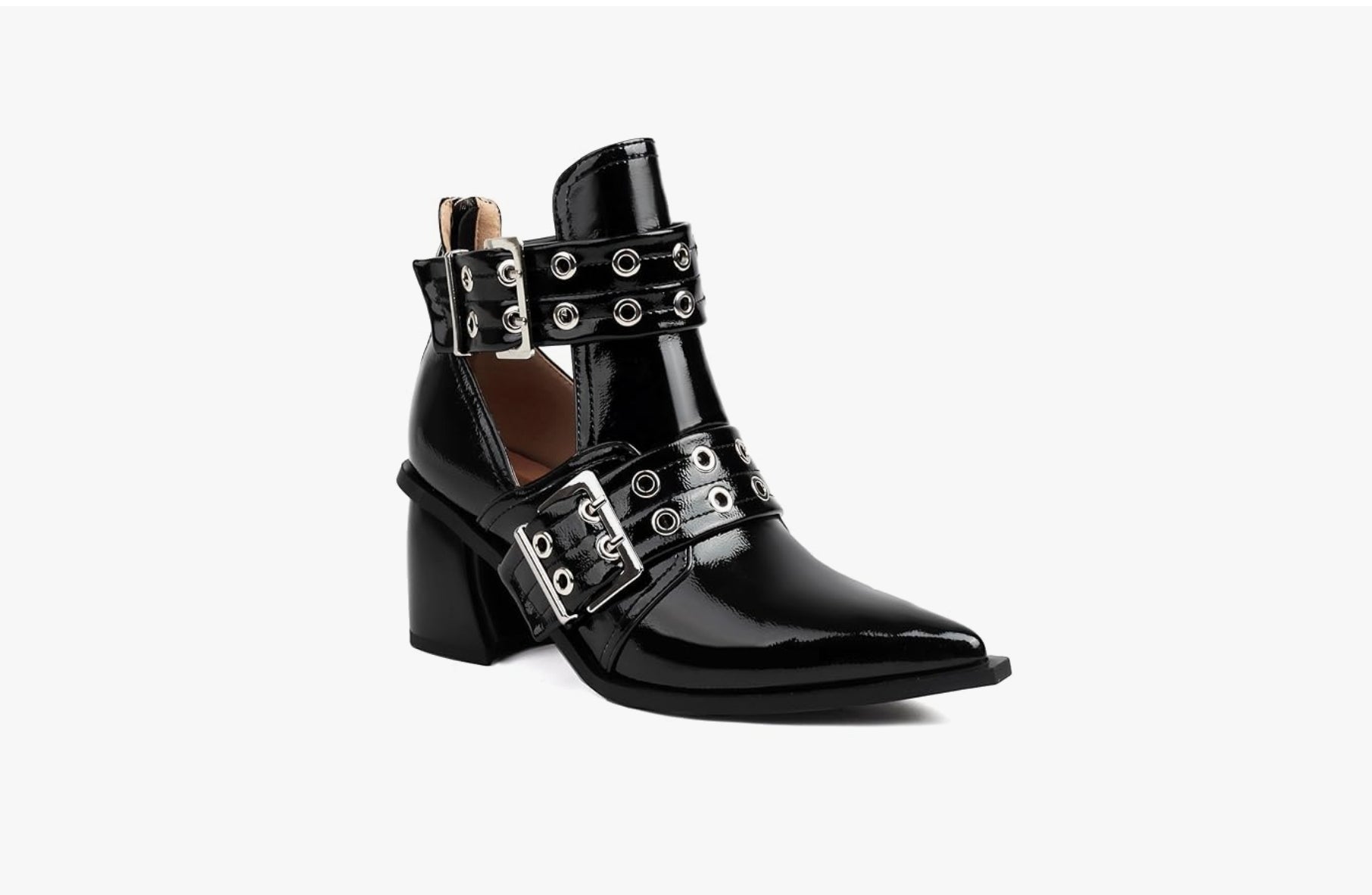 Lack-Stiefeletten mit Schnallen – Schwarze Ankle Boots im Biker-Style